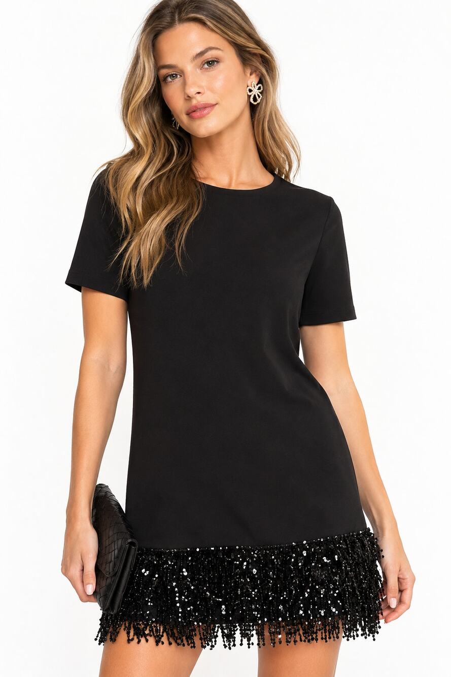 Kate Spade Sequin Fringe Hem Short Sleeve Dress Black Size Small